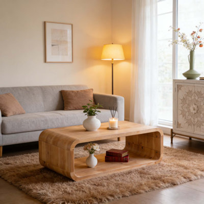 Table basse élégante ouverte à structure ouverte en bois clair avec rangement ouvert