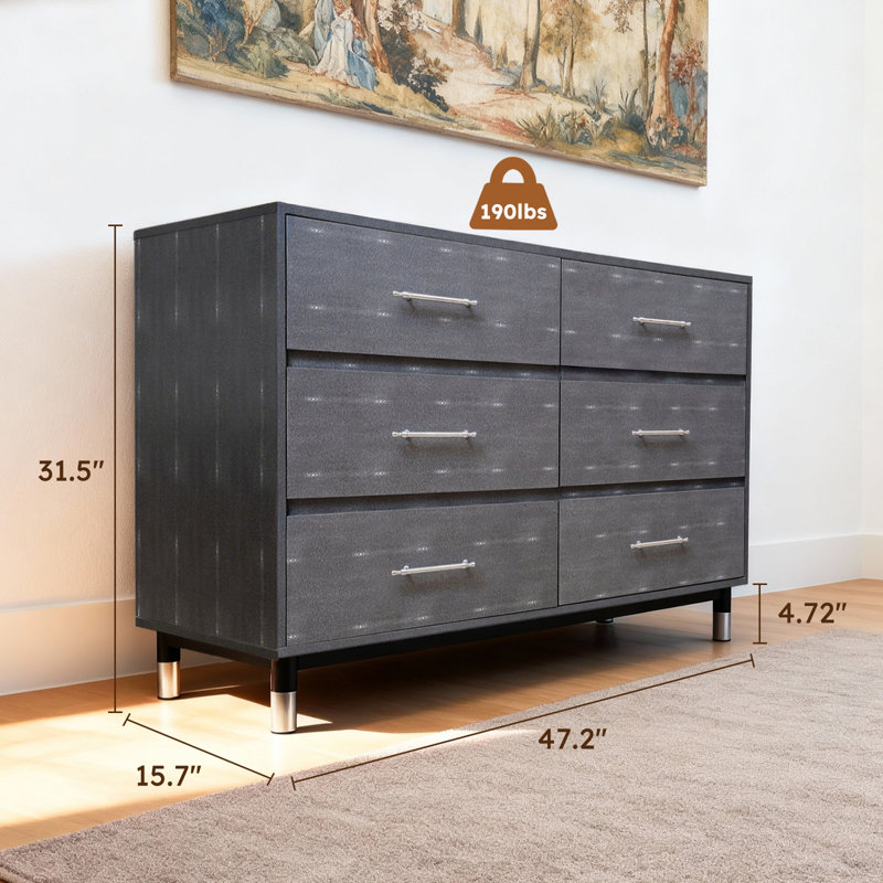Grey Dresser for Bedroom, 6 Drawer Wood Dresser with Modern Storage Organizer, Wide Chest of Drawers for Clothes, Closet, Living Room