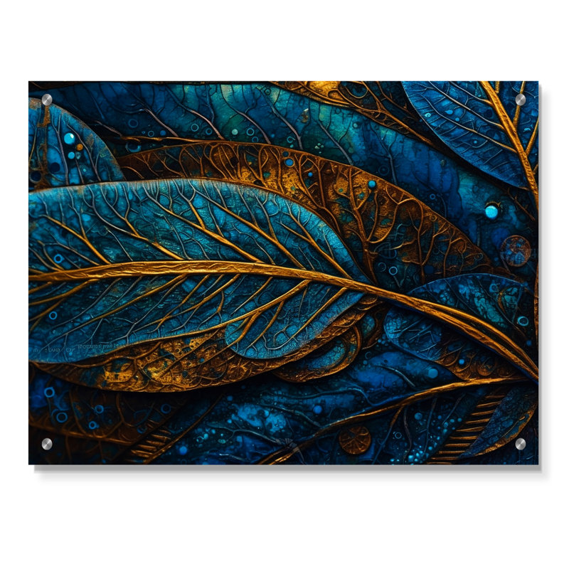 Bleu et or, mélodie de Boho I - art mural acrylique plume Boho, H 12 po x l 20 po