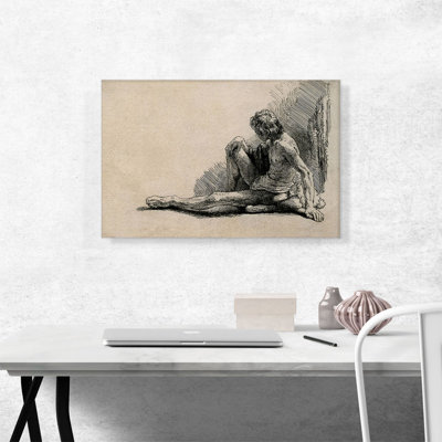 Reproduction d'art sur toile tendue, "Un homme nu assis sur le sol avec une patte allongée" par Rembrandt van Rijn
