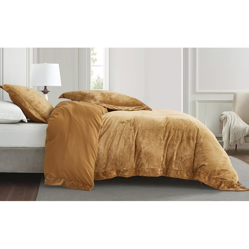 Piers Distressed Velvet Duvet Cover Set, Queen Duvet Cover + 2 Standard Shams, Caramel Gold