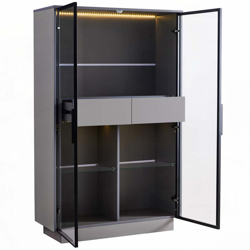 Vitrine avec porte en verre trempé, éclairage DEL, deux tiroirs