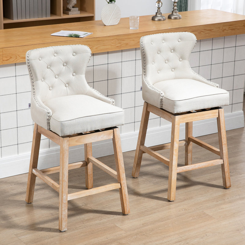 2 tabourets de bar rembourrés, couleur crème, siège d'une hauteur de 30 po, pivotant à 180 °, pieds en bois d'hévéa, tabourets de 2 chaises de hauteur, rembourrés et