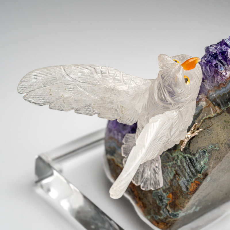 Genuine Polished Hand Carved Owls On A Amethyst Geode (5"H)
