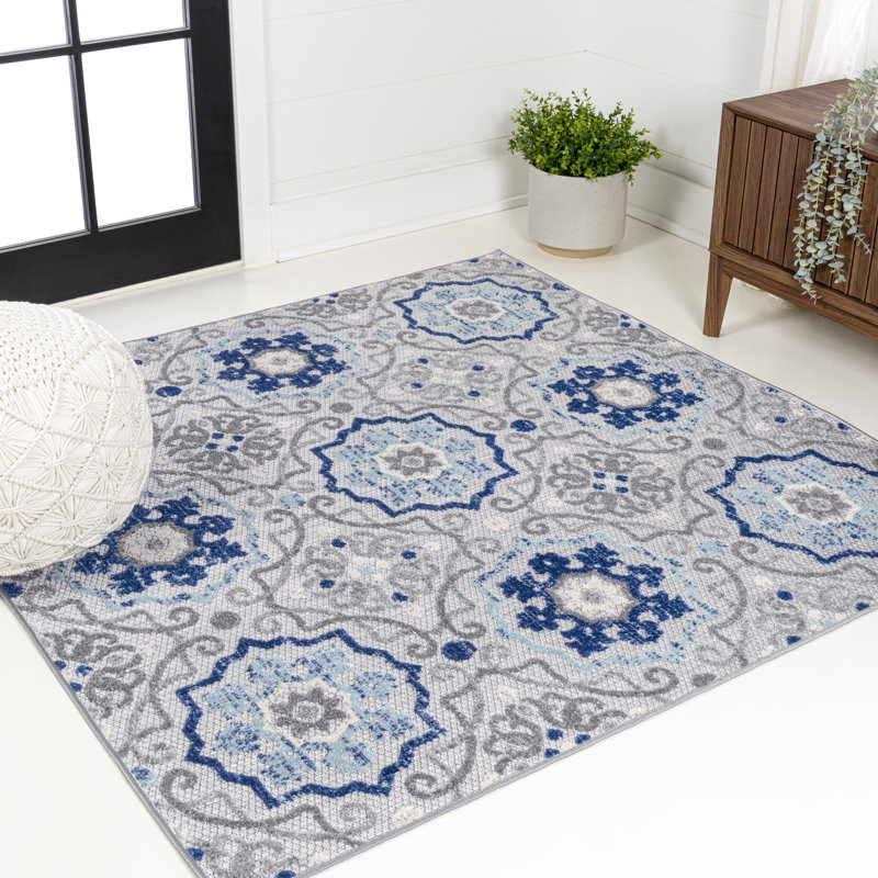 Tapis intérieur / extérieur bleu / gris Leto Medallion, Carré 5 pi 3 po