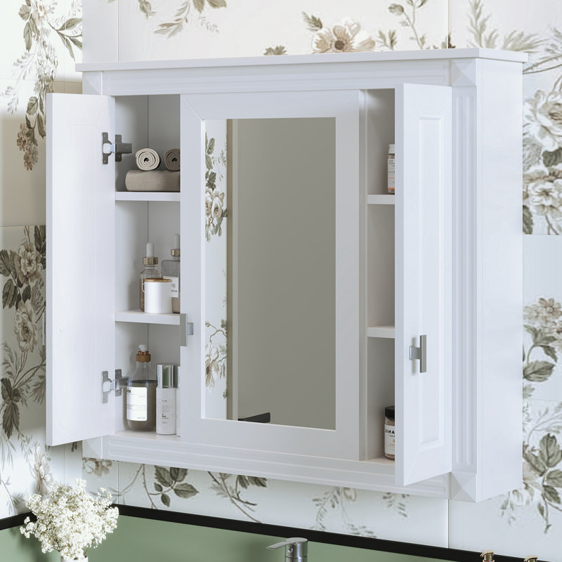 Armoire de salle de bain murale avec porte miroir et 4 tablettes, Blanc
