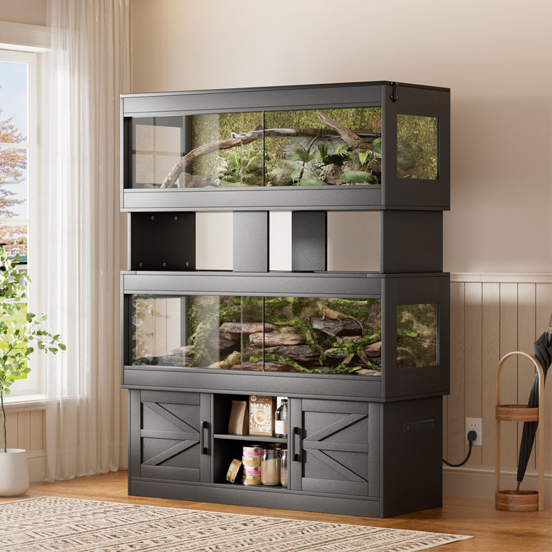 Dual 80 Gallon Reptile Tank with Stand & Cabinet, 2-in-1 Bearded Dragon Enclosure with Built-In Power Outlet, Large Terrarium for Snakes, Lizards, Geckos, or Tortoises