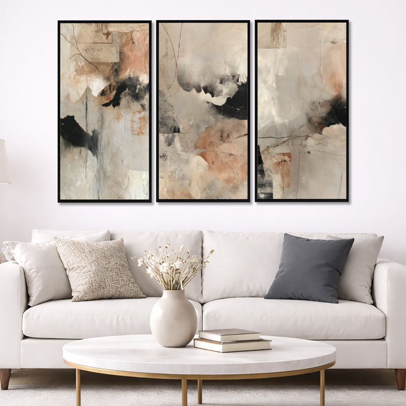 «Black and Gray Brushstroke», peinture abstraite III - art abstrait encadré à 3 panneaux, H 40 po x l 60 po