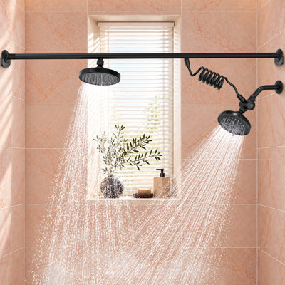 Dual Tandem Shower Head for Couples, Matte Black High‑Pressure 2 Person Shower System with Horizontal Slide Bar & Flexible Spring Handheld Showerhead, Bathroom Double Shower Fixture