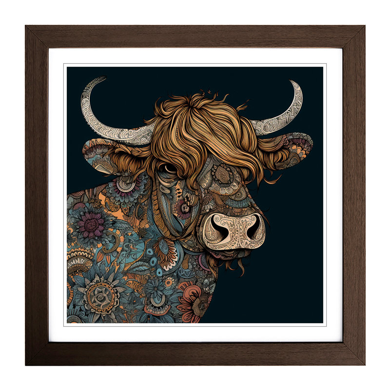 Highland Cow Paisley No.2 - Single Picture Frame Print on Wood, Walnut