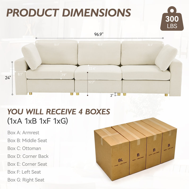 Upholstered Sofa with Storage, Solid Wood Legs and 2 Pillows, Beige Chenille, 3