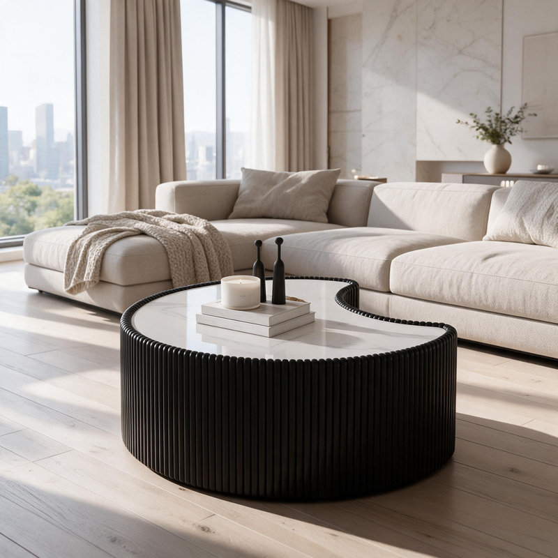 Table basse moderne en cuir fritté clair avec dessus en pierre de forme irrégulière pour salon (chaque plateau de table possède un motif gris unique)