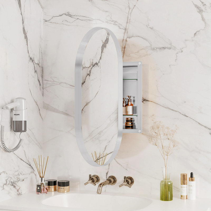 Armoire à pharmacie encastrée ovale 20 po x 34 po, armoire de salle de bain murale en métal avec miroir et tablettes réglables, miroir mural avec rangement pour salle de bain