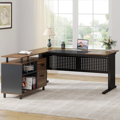 Bureau de direction en L avec classeur, grand bureau moderne avec tiroirs, tablettes et rangement, poste de travail d'ordinateur de coin pour bureau à domicile, bureau d'affaires