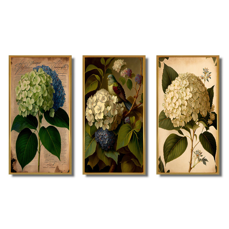 «Blanging Hydrangena In Retro Colors», 3 pièces sur toile, Or, H 20 po x l 36 po