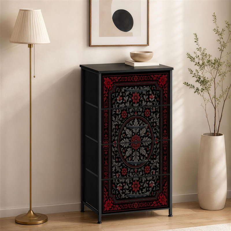 Commode à 4 tiroirs pour chambre à coucher ornée de motifs floraux rouges et noirs à motif rétro de petite taille pour commode de rangement avec commode