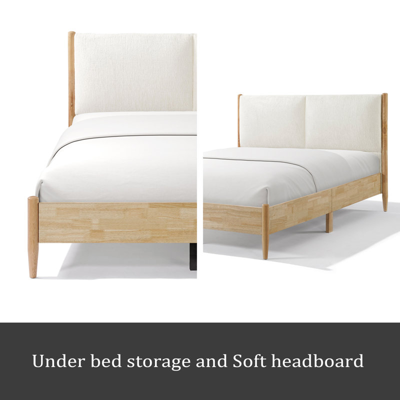 Structure de lit grand lit en bois naturel avec tête de lit tapissier blanc