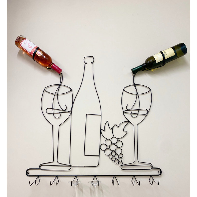 Souder 2 Bottle Wall Mounted Wine Bottle & Glass Rack in Black