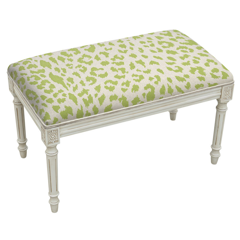 Banc en bois massif Cambel, Motif de guépard blanc antique / vert chartreuse