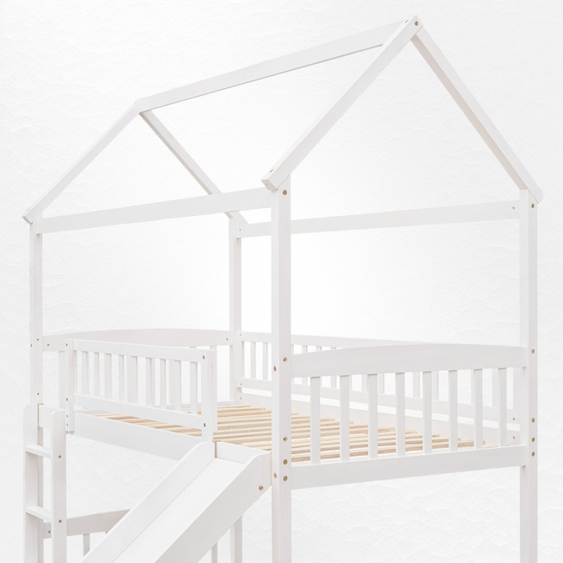 Twin Size Low Loft Bed With Slide, White