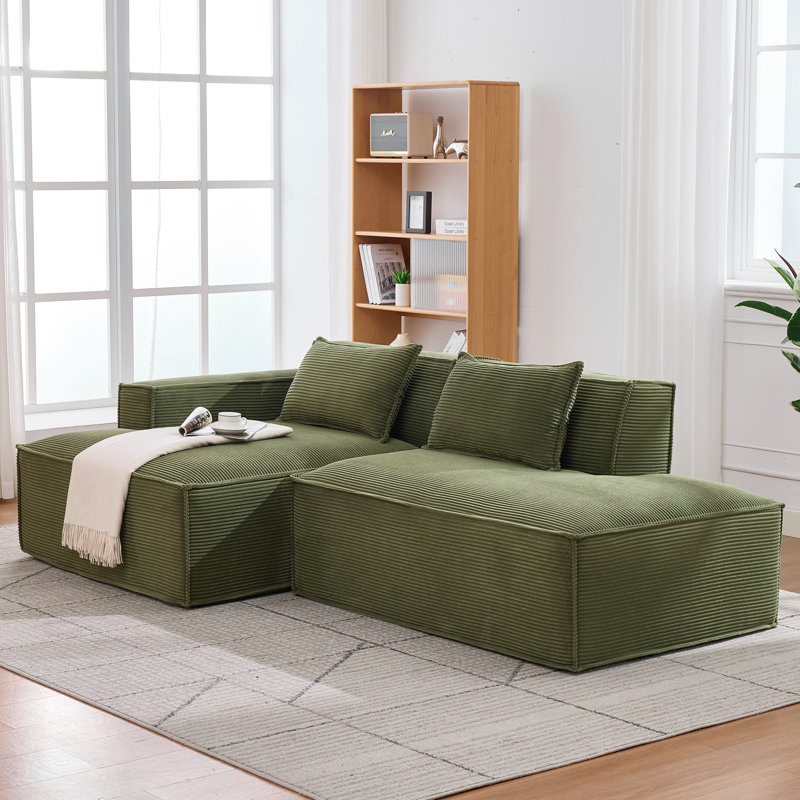 Canapé modulaire en velours côtelé à compression en L 92 po, canapé rembourré doux et désossé moderne avec jeté, aucun assemblage requis pour le salon