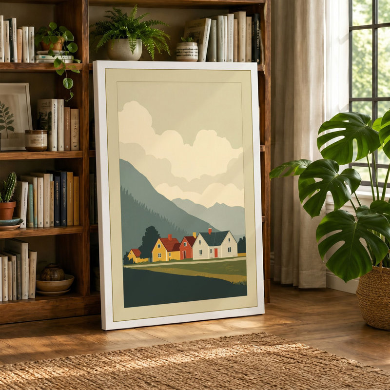 Houses and Mountains Scandinavian - Wrapped Canvas, Terracotta Border, 30x20 - 76.2 x 50.8 cm