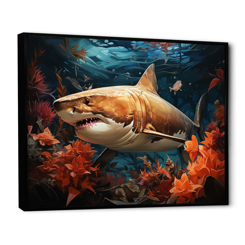 " Grey Orange Shark Underwater Symphony ", 34" H x 44" W, Black Floater Framed