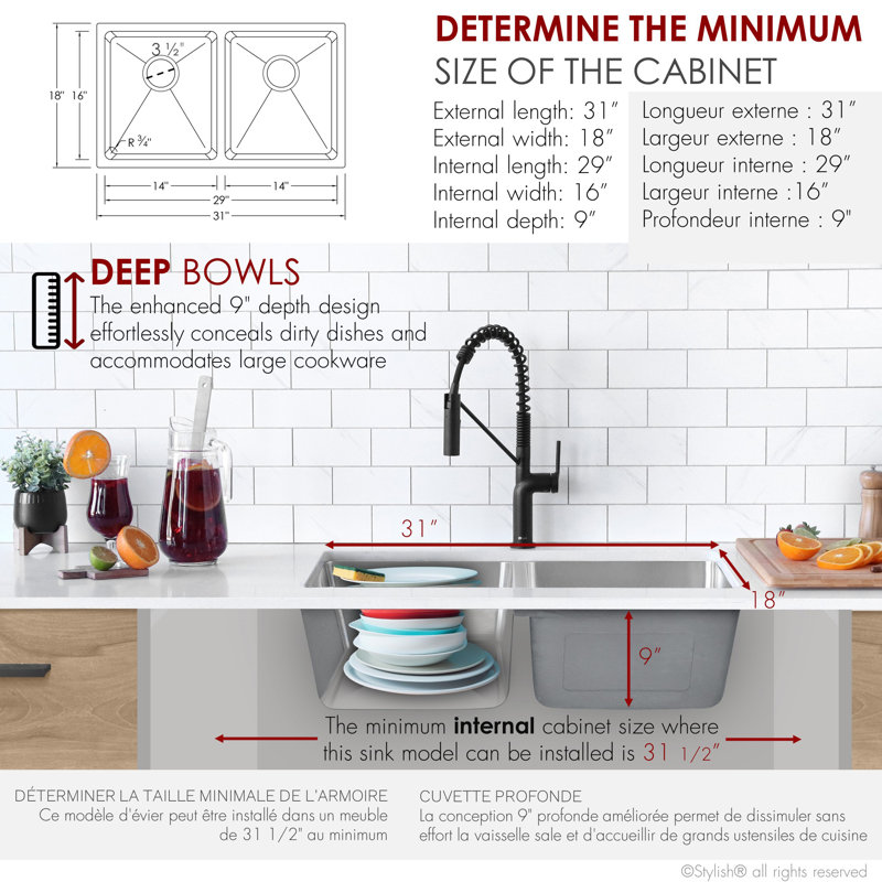 Stylish Dual-mount 31" Double Bowl Stainless Steel Kitchen Sink with Strainers