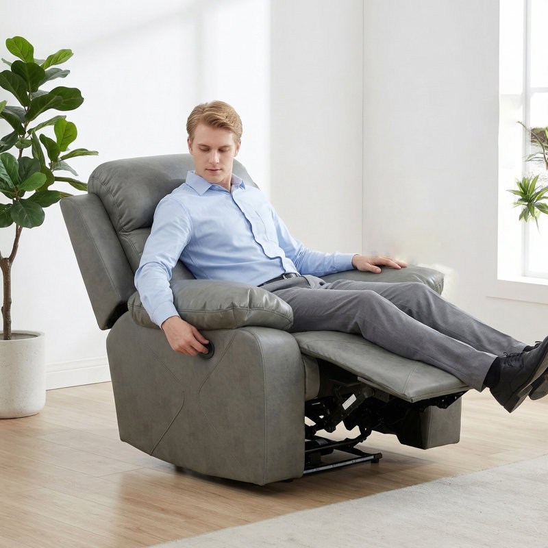 Power Recliner Chair Grey Breathable Leather - USB Charging, LED Ambient Light, Solid Wood Frame, Quiet Motor, Ergonomic Lumbar Support For Home Theater