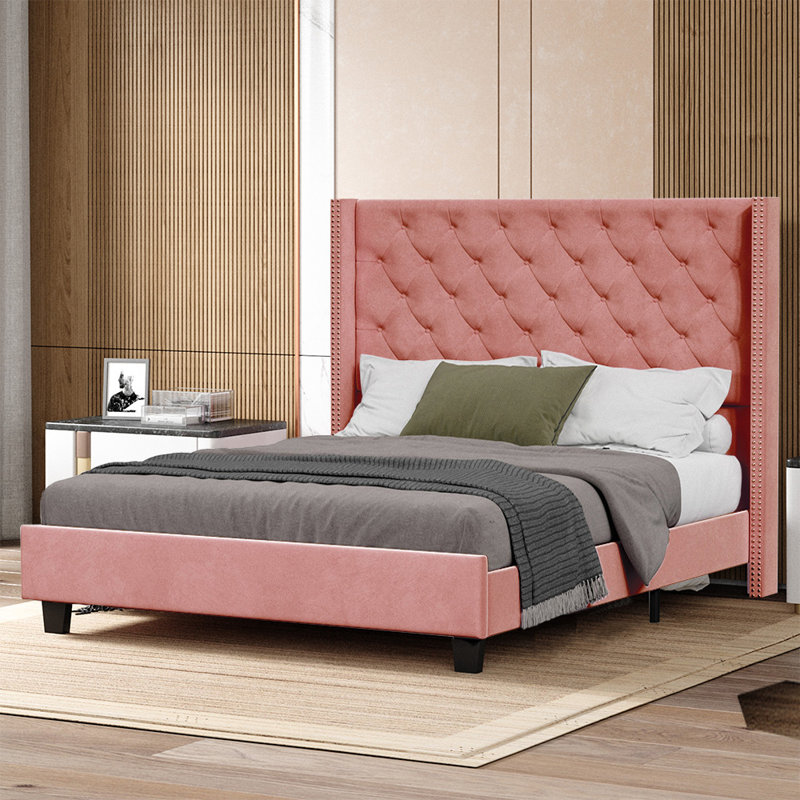 Meriton Wingback Upholstered , Metal frame, No Box Spring, Plywood Slats, Full, Pink