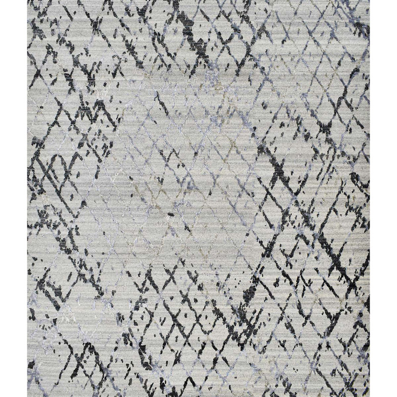 Tapis gris clair / noir / argent noué à la main de haute qualité, Rectangle 12 pi x 15 pi