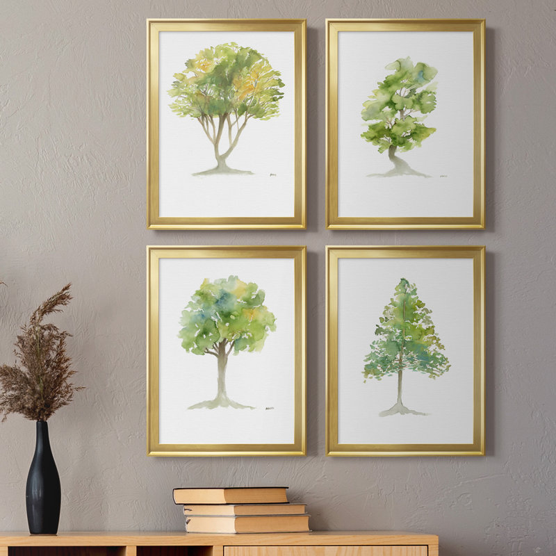 L'arbre I - ensemble de 4 reproductions d'art encadrées, H 30,5 po x l 170 po x P 1,5 po, Toile encadrée dorée, Pas de tapis