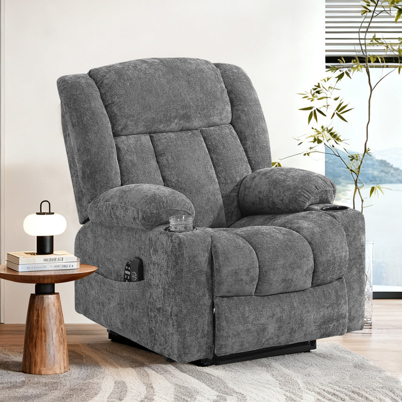 Power Lift Zero Gravity Recliner With Massage Heat Cup Holders  Side Pocket and USB Port, Gray, Chenille
