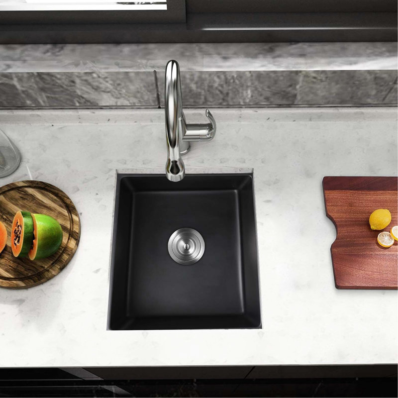 Évier de comptoir en quartz 14,04 po x l 17,42 po - Finition teintée Drain en pente douce avec crépine à panier 14,04 po x 17,42 po et rouille conçue pour faciliter le drainage de la grille inférieure