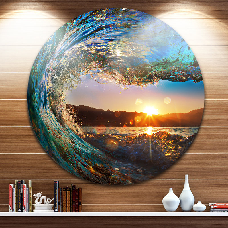 Vagues de l'océan colorées tombant vers le bas - art mural moderne en métal brillant bord de mer, H 36 po x l 36 po x P 1 po