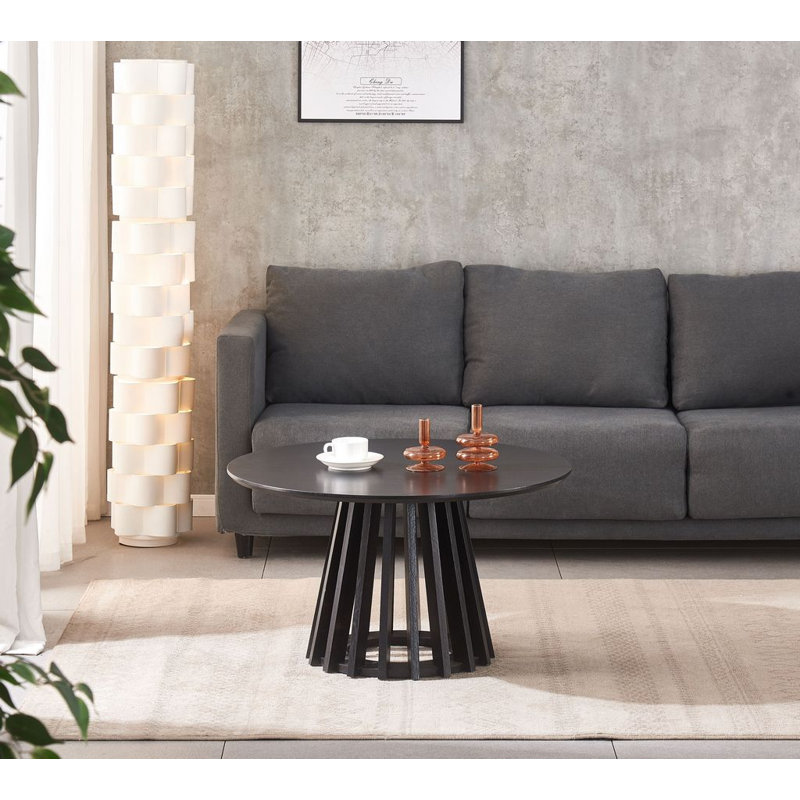 Table basse ronde en bois avec piédestal à lattes - H 18 po x L 31 po x l 31 po , Noir, H 18 po x L 31 po x l 31 po