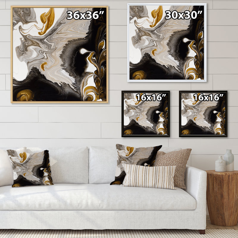 «Gold and Black Marble Waves IV», reproduction d'art sur toile moderne, Cadre flottant noir, H 30 po x l 30 po x P 1 po