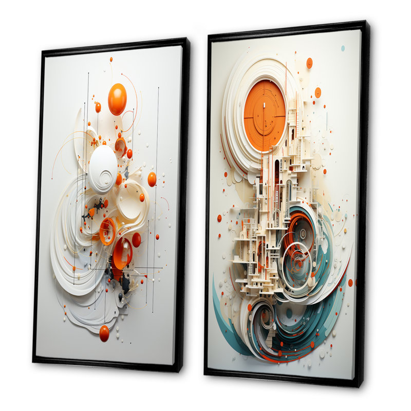 Orange And White Spiraling Symmetry I - Abstract Geometric Canvas Art Print Set Of 2, 32" H x 33" W, Black Floater Framed