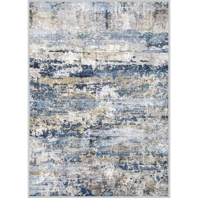 Modern Abstract Neutral Washable Non-Slip Low-Pile Area Rug in Blue Grey Brown, 8' x 10'