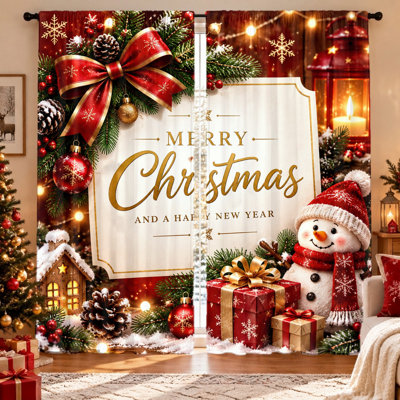 2 pièces de rideaux de Noël en forme de bonhomme de neige avec motif de fêtes, tissu transmettant la lumière, protection de la vie privée, passe-tringle, lavable à la machine, convient au salon, à la chambre à coucher et à la décoration
