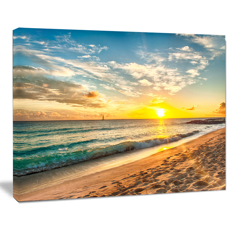 Plage blanche à l'île de la Barbade - impression de paysage marin moderne, H 16 po x l 32 po x P 1 po, Toile tendue