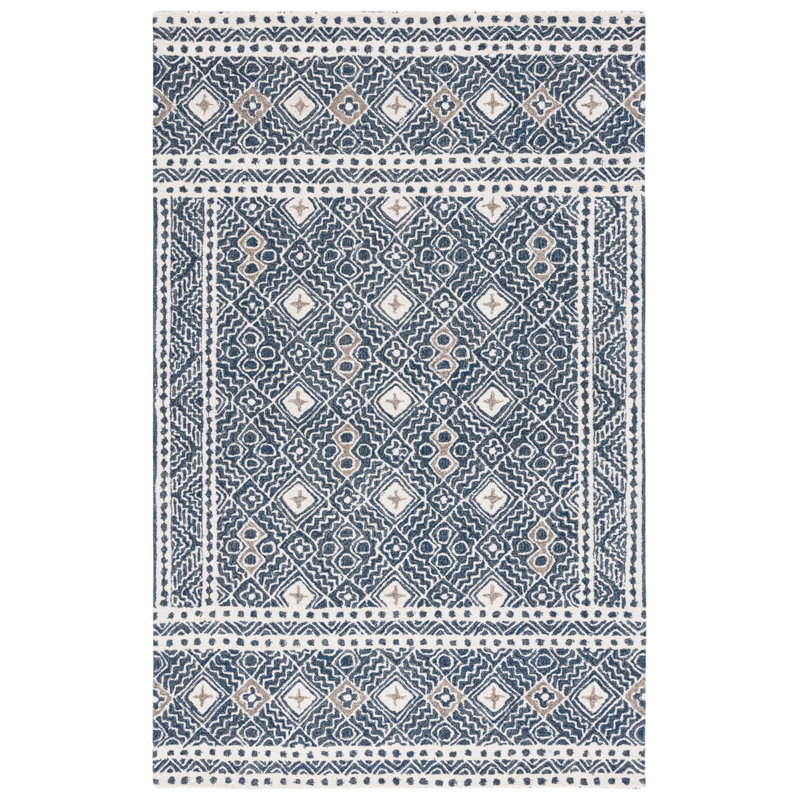 Manwell Hand Tufted Wool/Cotton Geometric Rug in Navy/Ivory, Rectangle 8' x 10'