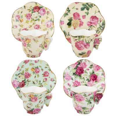  Porcelain Rose Chintz Espresso Cup and Saucer with Butterfly Handle Assorted (Set of 4)