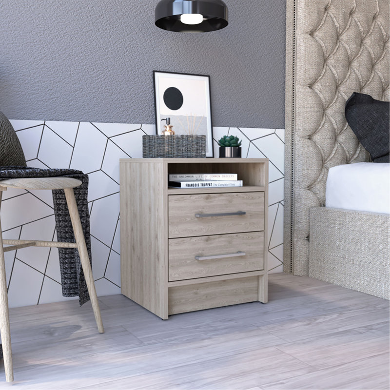 Table de chevet Cartiz, deux tiroirs, Gris clair