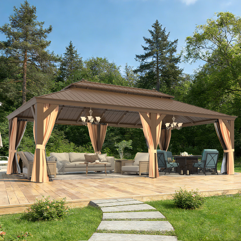24 Ft. W x 14 Ft. D Hardtop Gazebo, Galvanized Steel Double Roof with Aluminum Frame, Outdoor Gazebo with Curtains and Nettings for Patio, Backyard and Deck