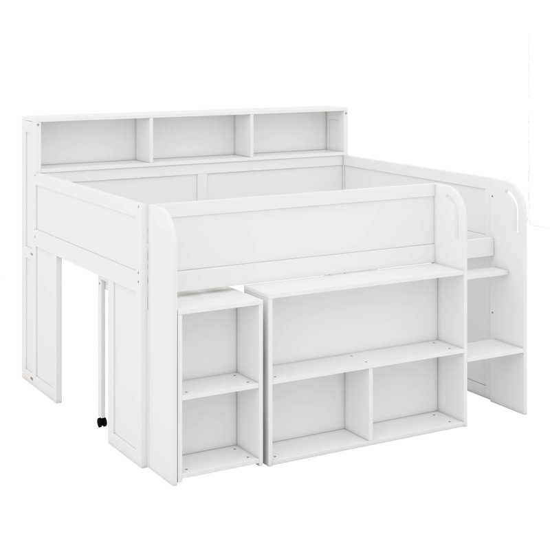 Lit mezzanine pleine grandeur pour enfants avec bureau et lit mezzanine en bois robuste à DEL avec plusieurs tablettes de rangement pour garçons et filles
