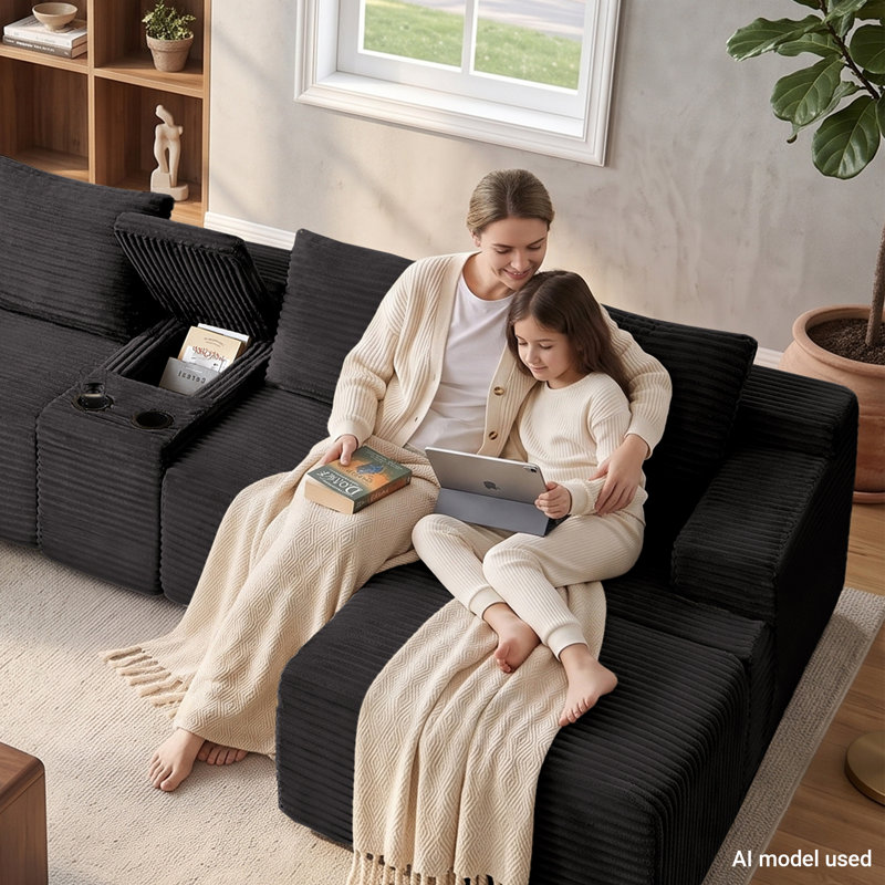 Canapé d'angle en velours côtelé sans dossier de 356 cm (140 po) avec console, 2 poufs et un confort optimal. Aucun assemblage requis.