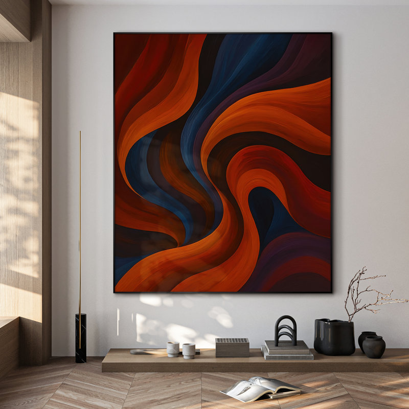Très grande reproduction d'art sur toile - Motif de vagues ondulées rouges et bleues pour le salon ou la chambre à coucher - «Assemblage requis du cadre (cadre non fini)»
