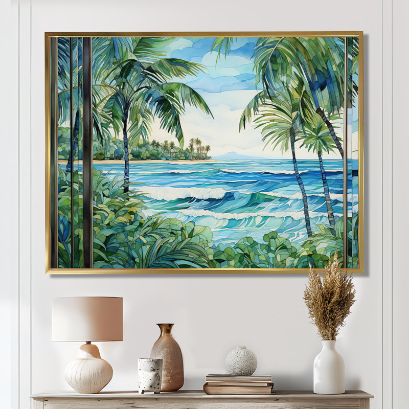 Tranquillité de plage tropicale - art mural côtier, Cadre flottant doré, H 16 po x l 32 po x P 1 po