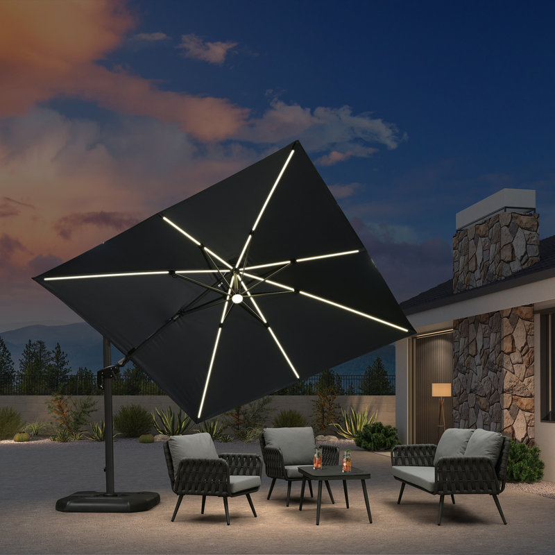 10' Square Lighted Cantilever Swivel Umbrella with Solar Powered LED Swivel and Base, Navy Blue